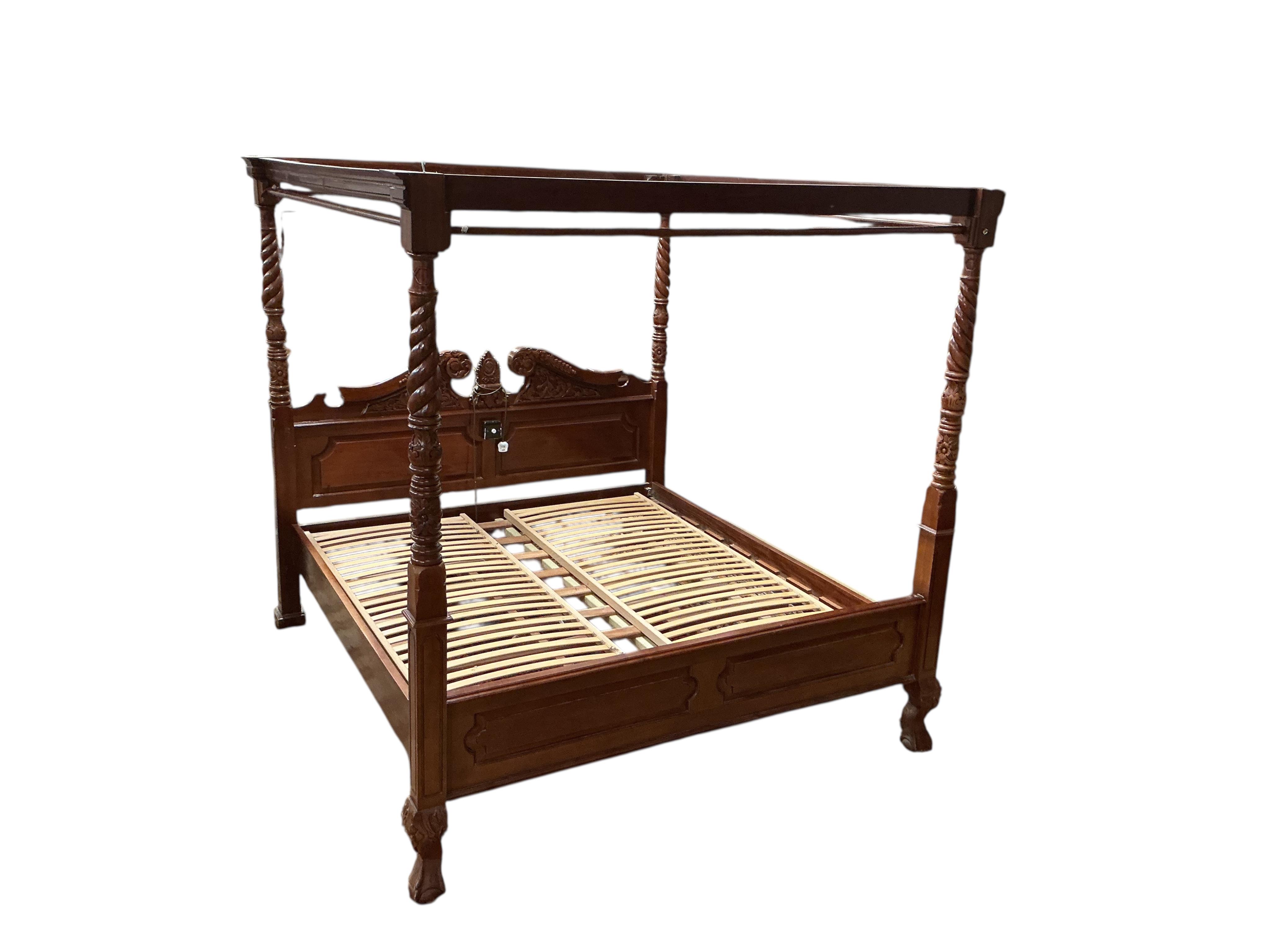 A reproduction George III style superking size four poster mahogany bed frame, length 216cm, width 190cm, height 210cm